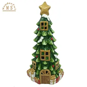 OEM New Arrival Ceramic Christmas Tree Giftbox Decor Led Light Window Open Tealight Candle House Holder for Xmas Holiday Fire