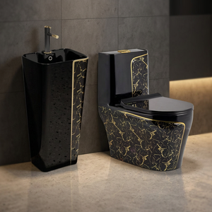 Hermosa cerámica de colores, artículos sanitarios, lavabo de baño, inodoro, línea azul dorada, lavabo de medio Pedestal y juego de inodoro de cerámica de una pieza - Product Image 6