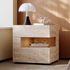 Comodino Moderno Effetto Travertino Eco-Friendly con Illuminazione LED, Tavolino da Notte in Finta Pietra, Arredamento Minimalista Nordico in Legno per Hotel - Product Image 3