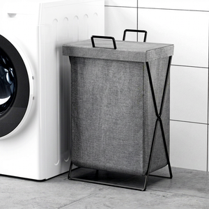 Foldable Laundry Basket 40L Fabric Storage <b>Hamper</b> with Metal X Frame Lid Laundry Room Bathroom Organizer Grey Vietnam - Product Image 1
