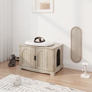 Caja de arena grande para gatos, muebles, casa de madera para gatos con poste rascador - Product Image 4