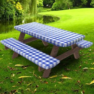 Blue Checkered Outdoor Picnic <b>Table</b> and Bench <b>Cover</b> Set Fitted Waterproof Polyester Tablecloth - Product Image 1