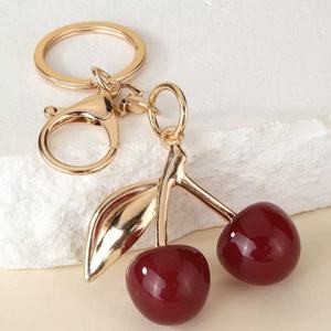 <b>Cute</b> Cherry Shape Keychain With Gold Plated Metal And Red Plastic Fruit Design For Women And Girls Accessory - Product Image 3