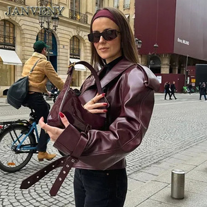 JANVENY 2025 nuova <span class=keywords><strong>giacca</strong></span> autunno tinta unita colletto con risvolto corto in finta pelle da <span class=keywords><strong>donna</strong></span> a maniche lunghe con tasche larghe in pelle sintetica - Product Image 3