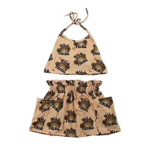 Kindermädchen-Bekleidungs-Set Western Wild Thing bedruckt Halter rückenfrei Oberteile mit Taschenrock Outfits Baby-Kids-Sets