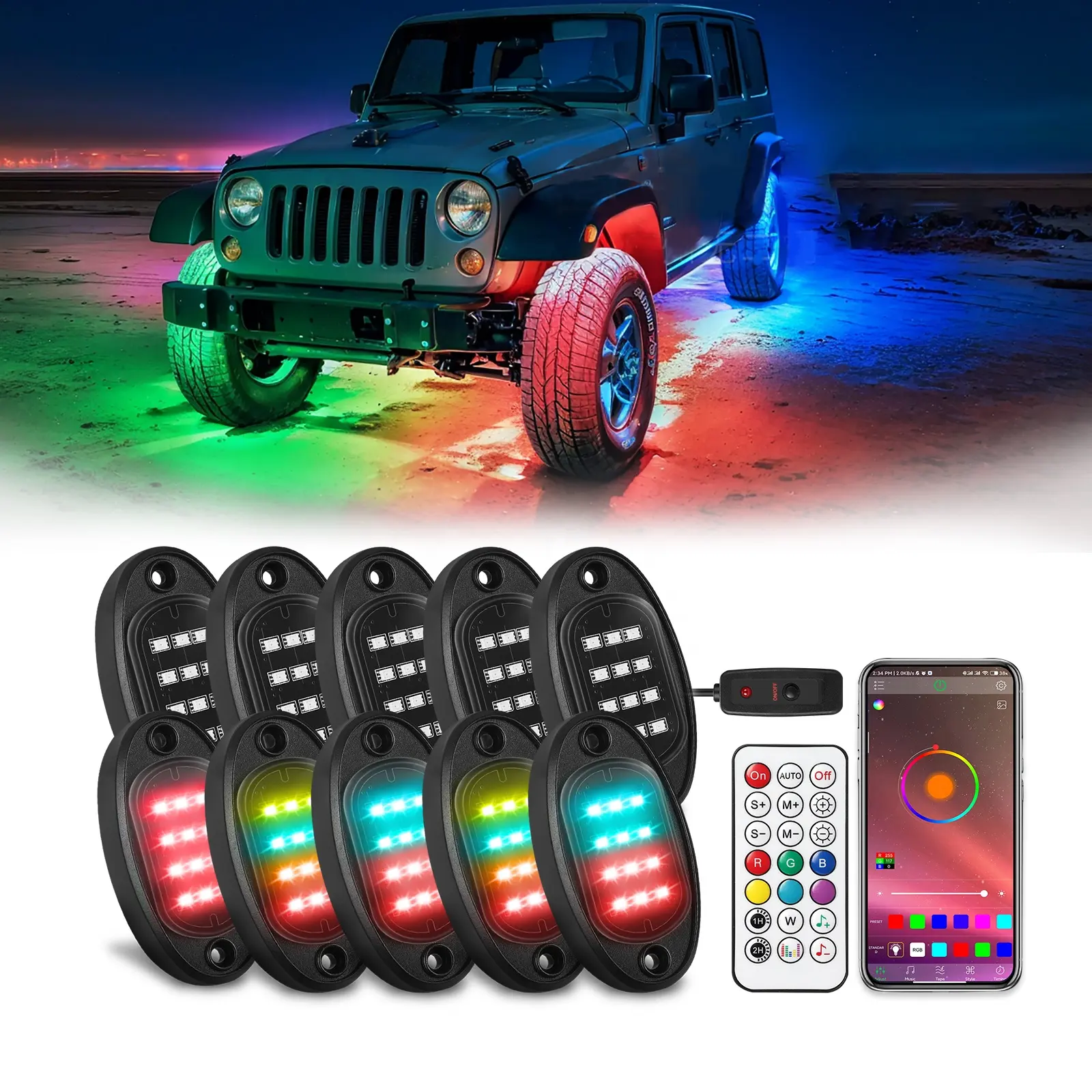 10pod RGB Rock Light Kit 36w 12v con APP parti di camion a distanza luci ruota per Jeep ATV 4x4 Off Road Truck SUV