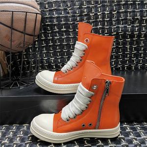 Yuvarlak ayak sokak yüksek üst kurulu <span class=keywords><strong>Sneakers</strong></span> siyah deri rahat kadın ayak bileği kış ayakkabı kadınlar Zip Lace up motosiklet çizmeler - Product Image 6