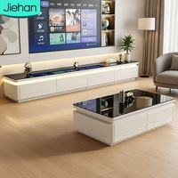 Ensemble Meuble TV et Table Basse Blancs en Verre Trempé avec Éclairage LED, Style Moderne et Minimaliste, Vente en Gros Usine