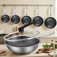 Wok hybride antiadhésif non toxique en acier inoxydable 3 couches avec couvercle, compatible lave-vaisselle, induction, four et grill, sans PFOA