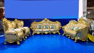 European Style Luxury Golden Villa Antique Solid Wood Hand Carved High-grade Fabric <b>Sofa</b> <b>Set</b> - Product Image 5