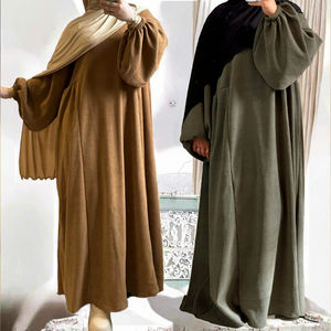 Nouvelles robes Abaya décontractées pour femmes grandes tailles, modestes, respirantes, à manches longues, mini, en polyester, en velours côtelé, pour l'hiver - Product Image 2