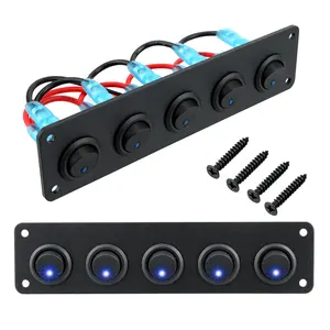 Mini interruptor basculante de 12V, Panel de aluminio, interruptores de palanca de 5 bandas, tablero de 5 pines, encendido/apagado, 1 LED retroiluminado para barco, coche, azul marino