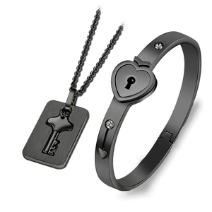 Conjunto de Joyería de <span class=keywords><strong>Acero</strong></span> <span class=keywords><strong>Inoxidable</strong></span> Plateado/Negro/Dorado, Collar con Colgante de Candado de Amor y Corazón, Pulsera con Llave para Parejas, Conjunto de Regalo de Boda con Circonita para Mujer - Product Image 6