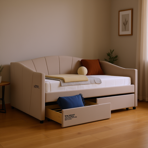 Lit de repos double beige rembourré avec deux tiroirs, sommier à lattes en bois, mobilier de chambre moderne - Product Image 2