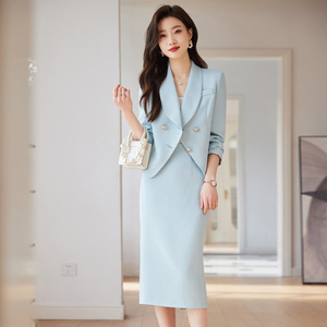 Women's Blue Blazer Suit Set Midi Skirt Formal Business Casual <b>Work</b> Wear Anti-Wrinkle Worsted Fabric - Product Image 1