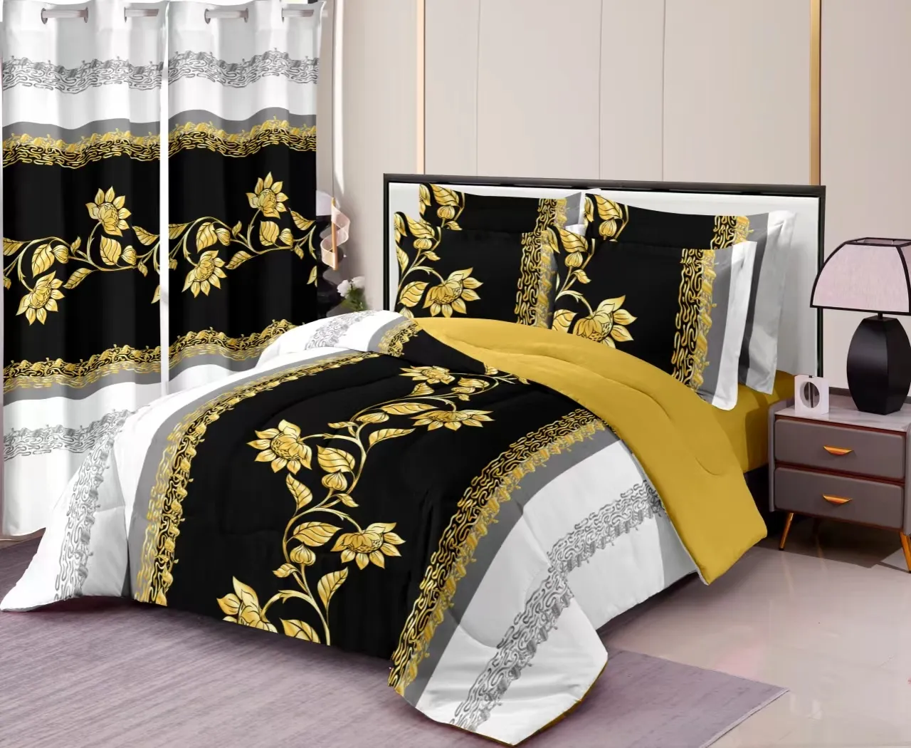 Wholesale 8-Piece 3D Printed Polyester Bedding Set With Curtains Duvet Cover Pillowcase Bedsheet