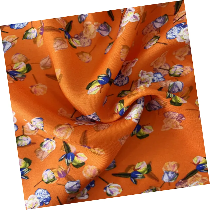 Personnalisé belle couleur Orange Rose fleurs imprimé luxe soie sentiment rayonne sergé tissu rouleaux pour filles robe chemisier Kimono