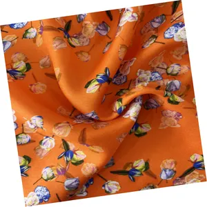 Custom Beautiful Orange Color Rose Flowers Printed Luxury Silk Feeling Rayon Twill Fabric Rolls for Girls Dress Blouse Kimono