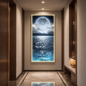 Grande Peinture Murale LED Effet Clair de Lune, Luxe, en Porcelaine Cristalline, Verre Trempé, Art Mural Fait Main, Décoration Maison et Hôtel - Product Image 1
