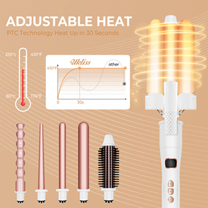Kit de bouclage professionnel 6-en-1 : <span class=keywords><strong>Fer</strong></span> à <span class=keywords><strong>boucler</strong></span> à 3 barils, Onduleur sirène, Baguette à bulles avec écran LCD, Étui de voyage et Logo personnalisé - Product Image 4