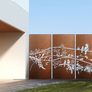 Modern Laser Cut Metal Room Divider 4 Panel Bird and Flower Design Decorative <b>Screen</b> Fixed Frame Structure Corten steel - Product Image 2