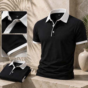 Black <b>Polo</b> Shirt <b>White</b> Collar <b>Men's</b> Contrast Trim Performance Golf <b>Polo</b> Short Sleeve Smart Casual Teamwear Custom logo - Product Image 2