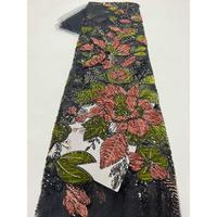 Dentelle noire française perlée avec des fleurs 3D en sequins, tissu en dentelle perlée pour les fêtes et les mariages