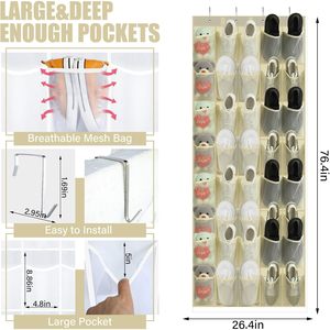 Organizador de zapatos para colgar sobre la puerta con 40 bolsillos, beige, de malla, para almacenamiento en el armario, colgador detrás de la puerta - Product Image 2
