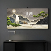 Horloge murale numérique dissimulée en cristal rétroéclairé par LED, style luxe moderne, peinture paysagère 3D, décoration de salon, base en papier