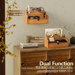 Wooden Desktop Organizer With Drawer And Partitions For Office <b>Desk</b> Storage Rectangle Shape <b>Wall</b> Mounted Type - Product Image 4