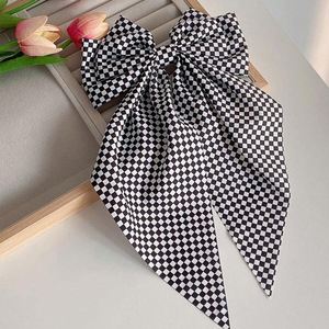 Jepit Rambut Panjang Wanita Warna Putih Hitam Motif Kotak-kotak Bahan Kain & Logam dengan Pita - Product Image 2