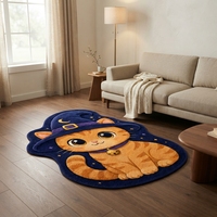 Tapis de salon en faux velours en forme de lune, motif chat sorcière orange Halloween