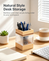 Porte-stylos en bambou naturel et acrylique, organiseur de bureau transparent, multi-styles, rangement de bureau pour le bureau, la maison et l'école