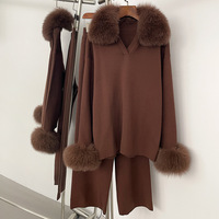 Ensemble pull tricoté populaire automne-hiver 2026, ample et élastique, en vraie fourrure de renard, deux pièces pour femme : pull-manteau et pantalon