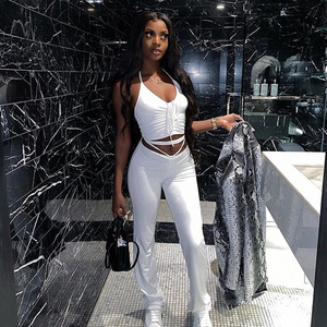 Women's Summer Casual Deep V Neck Solid Color <b>Tie</b> Up Strapless Backless Elastic Trousers <b>Set</b> Stretch Pants Cotton Material - Product Image 1