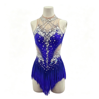 Robe de patinage artistique bleu roi personnalisée avec franges, strass étincelants, dos nu en maille, costume de compétition de patinage sur glace pour femmes et filles
