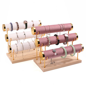 Vente chaude, support de présentation de bijoux en bois massif en daim multicouche en forme de T, design personnalisé, option de logo personnalisé - Product Image 1