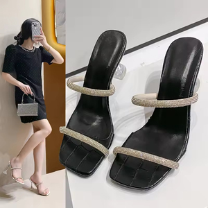 Sandales à talons avec lanières en strass, mules à bout carré, talon épais transparent, chaussures d'été à enfiler - Product Image 4