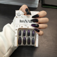 24 faux ongles en ABS à pression, dégradé noir et violet, forme amande, réutilisables, design de luxe rose foncé