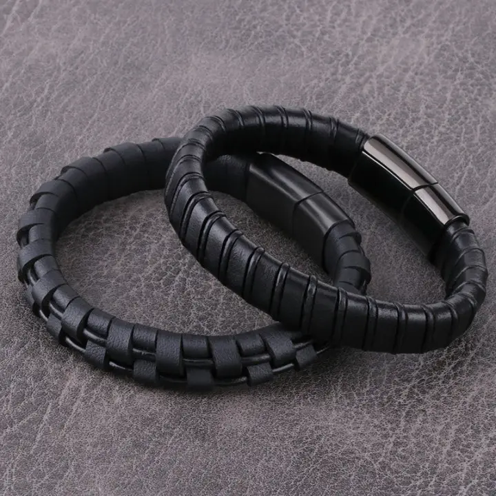 Nuovo semplice regalo di moda bracciale con chiusura magnetica in acciaio inossidabile bracciale intrecciato in vera pelle per uomo donna