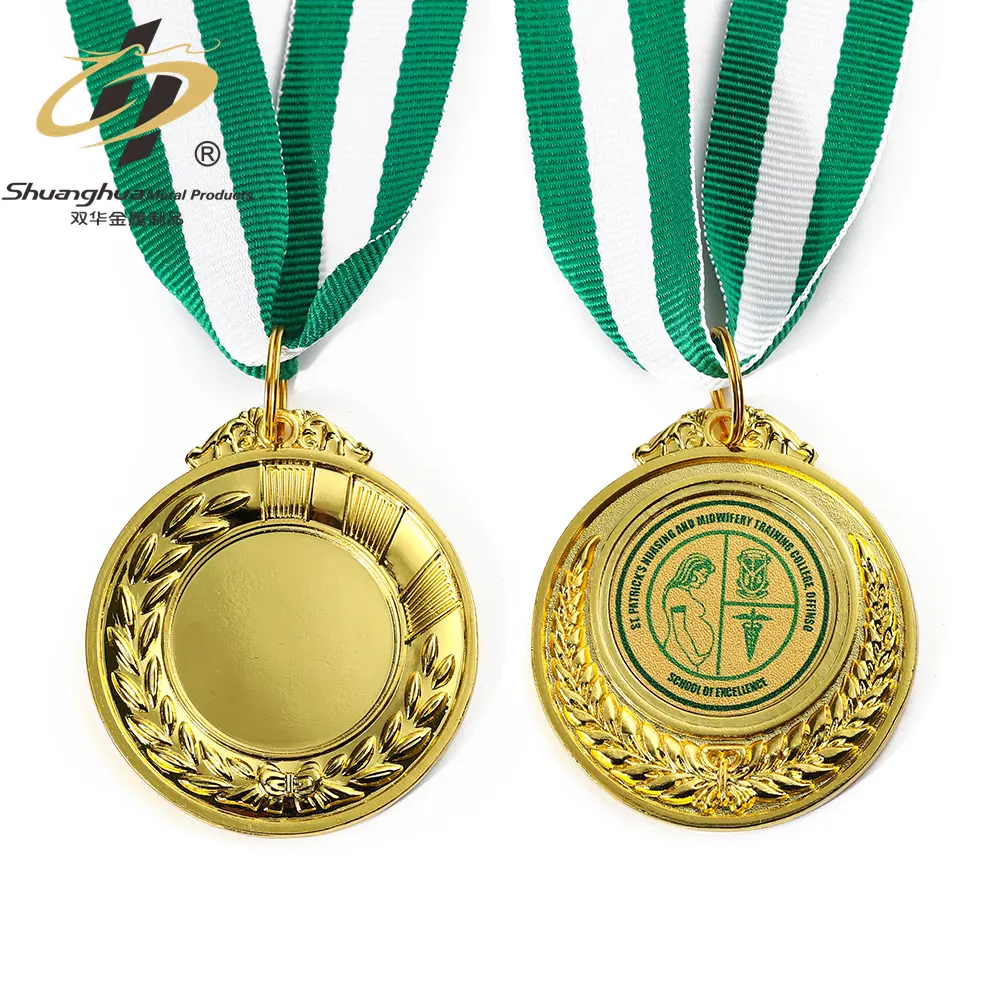 金型昇華ステッカー印刷ブランクゴールドメダル刻印金属メダルとトロフィーリボン付き