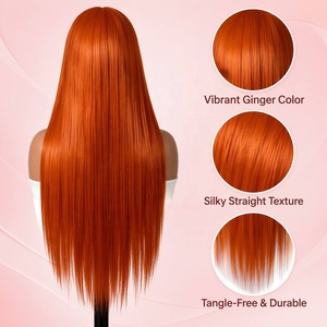 Perruque synthétique longue et droite 13x4 Lace Front pour femme, sans colle, avec dentelle transparente, pour usage quotidien, couleur Rouge Cuivré, Ginger <span class=keywords><strong>Orange</strong></span> - Product Image 3