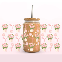 Blooming Bow Bliss Custom, gobelet en verre de 16 oz, design de bouquet floral rose avec ruban, pour impression numérique UV DTF, personnalisable