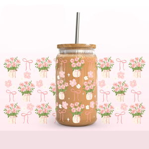 Blooming Bow Bliss - Envoltura Personalizada para Vasos de Vidrio de 16 oz, Diseño de Ramo Floral Rosa con Cinta, para Impresión Digital UV DTF - Product Image 1