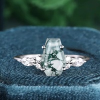 Anillo de ágata de musgo verde con corte de ataúd, anillo de compromiso único, anillo de ataúd Art Deco de Plata de Ley 925 para mujer