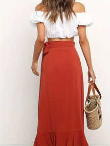 Falda Midi de Verano para Mujer Talla Grande - Falda Cruzada Roja Sandía con Dobladillo con Volantes, Perfecta para el Trabajo, Vacaciones y Citas - Product Image 6