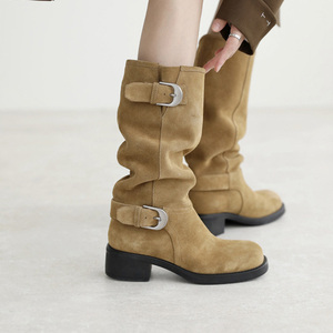 Botas Vaqueras Retro de Pierna Recta para Mujer, Novedad 2026, con Hebillas Metálicas, de Dos Tonos y Gamuza - Product Image 4