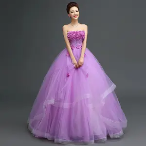 春季新到花朵系带公主舞会礼服蓬松紫色舞会礼服婚纱