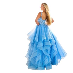 Women's Dark Blue Halter Evening Gown Empire Waist Tiered Ball Gown Formal Dress - Product Image 5
