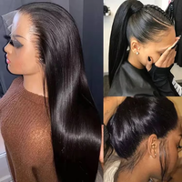 Perruques Lace Front en Cheveux Humains Lisses, Perruque Frontale 13x4 HD Lace Sans Colle Pré-Pluckée Noir Naturel pour Femmes Noires